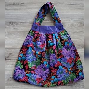 Handcrafted Large Fabric Purple Floral Tote Shoulder Bag, Lined, NEW!